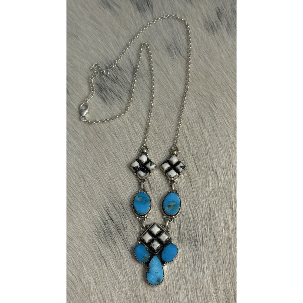 Sterling Silver Blue Kingman Turquoise White Buffalo Nugget Cluster Necklace 21” - Picture 6 of 16
